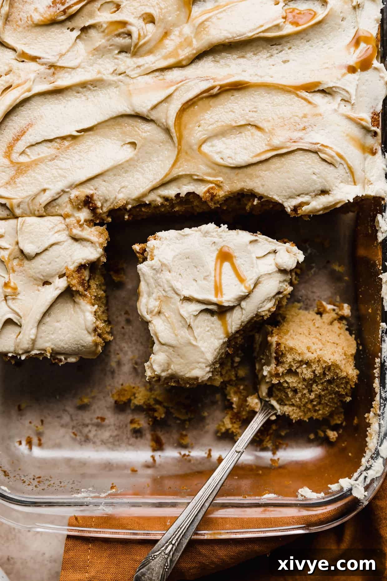 Overhead photo of Butterscotch Cake frosted with Butterscotch swirled frosting. 