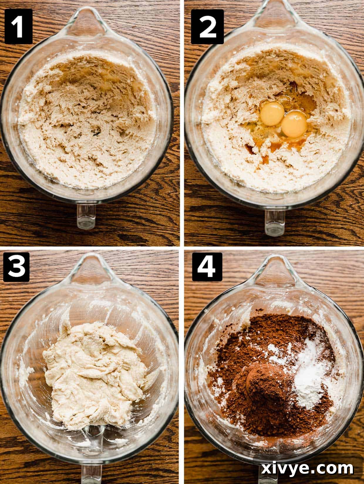 Four photos showing how to make Crumbl Walnut Fudge Brownie Cookies, each photo has a glass mixing bowl on a wood background with creamed butter and sugar with the addition of eggs, and dry ingredients.