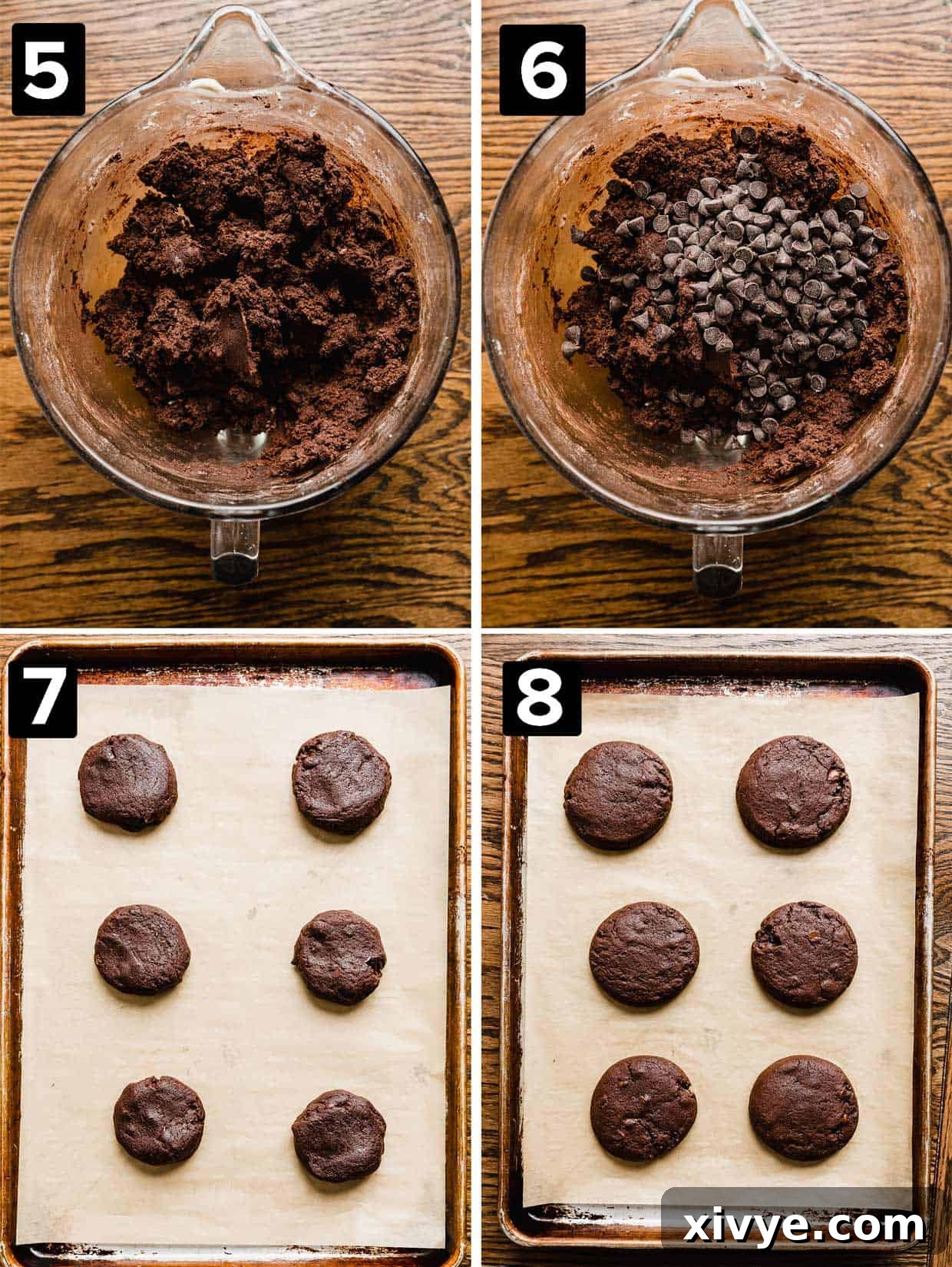 Four photos showing the making of copycat Crumbl Walnut Fudge Brownie Cookies, the brown cookie dough, with added chocolate chips, cookie dough balls on a baking sheet, and baked cookies on a baking sheet.