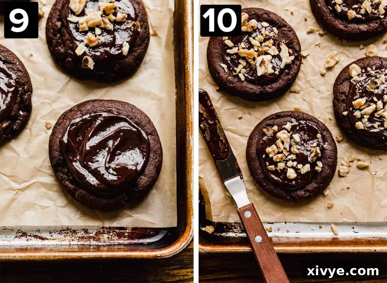 Two photos showing Crumbl Walnut Fudge Brownie Cookies, left photo has a thick chocolate ganache over the top of a cookie, then right photos shows chopped walnuts on top of the ganache.