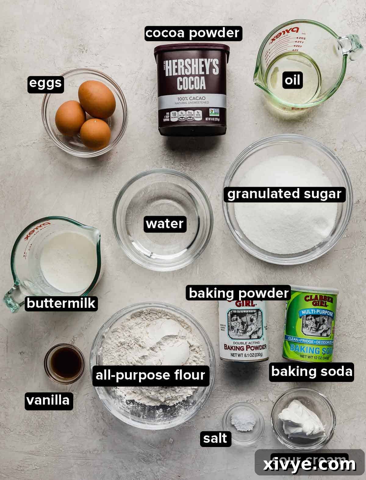 Chocolate Cake with Chocolate Cream Cheese Frosting ingredients portioned into glass bowls on a light gray background, ready for baking.