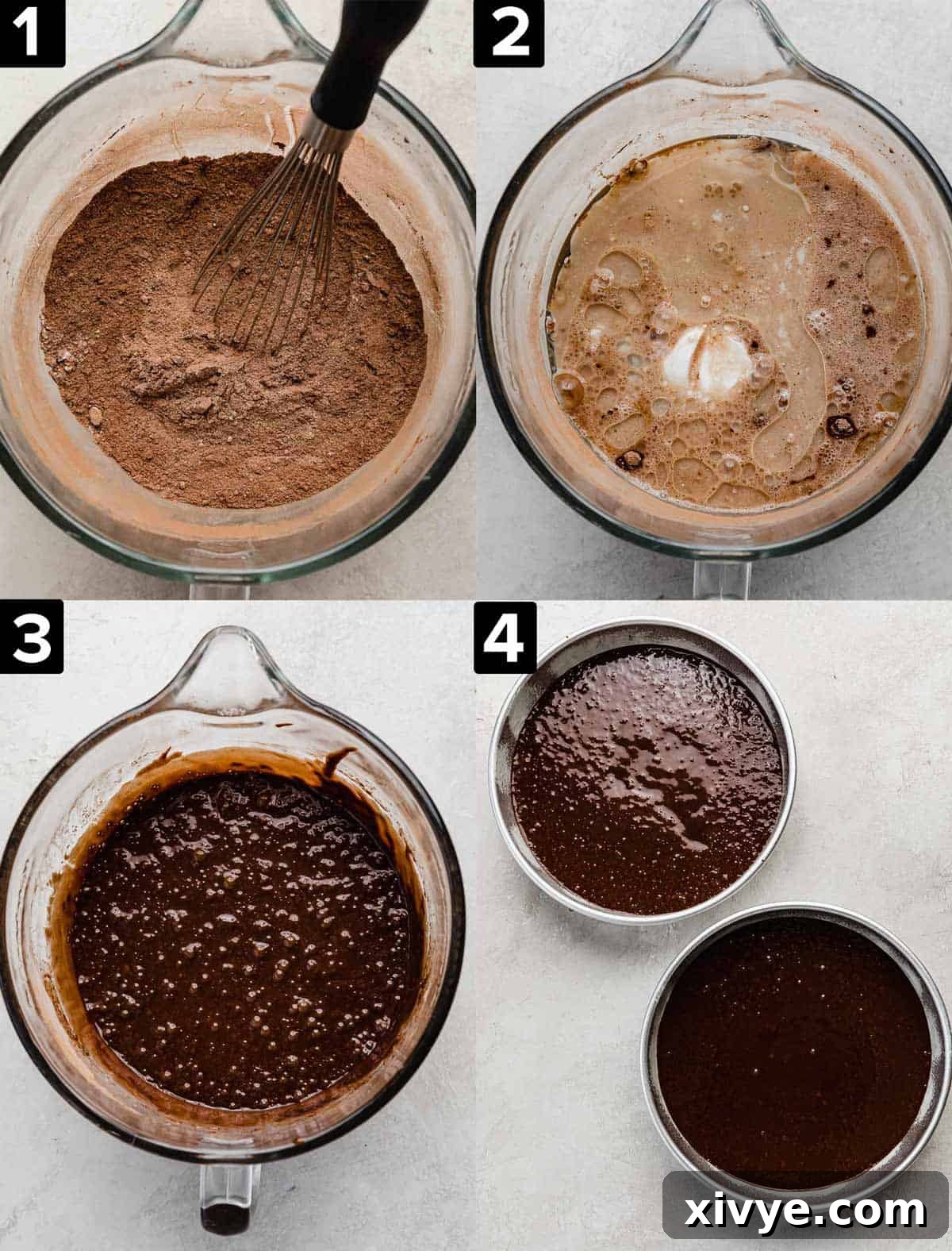 Four images showing the making of the best chocolate cake being made in a glass bowl, from dry ingredients to fully mixed batter.