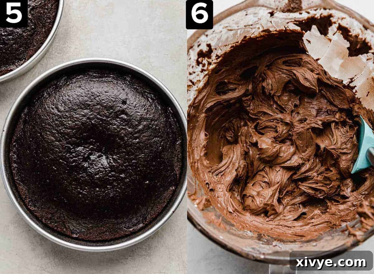 Two images: left image is a classic chocolate cake in a round cake pan cooling, right image is chocolate cream cheese frosting in a glass bowl.