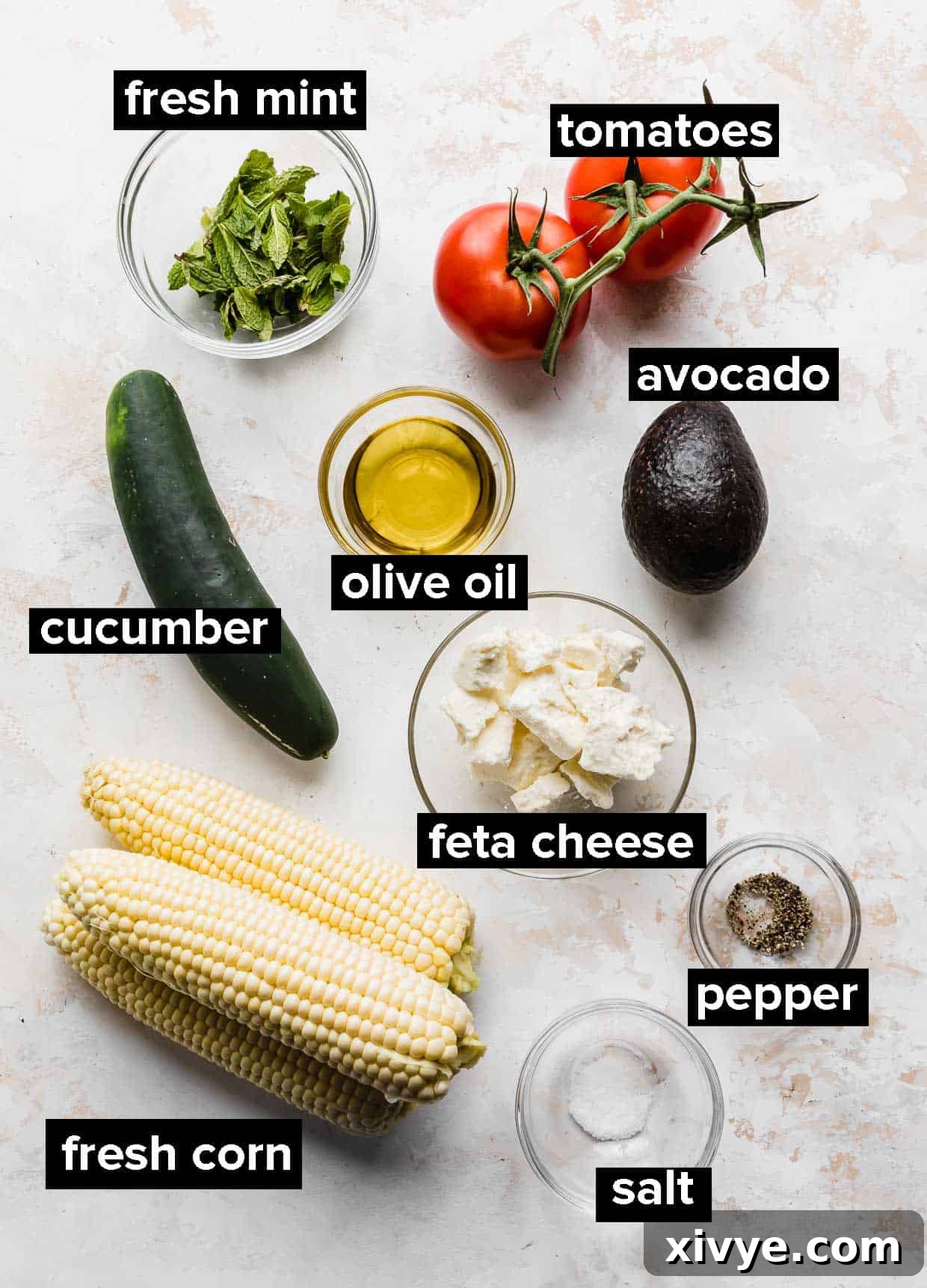 Ingredients used to make feta corn salad.