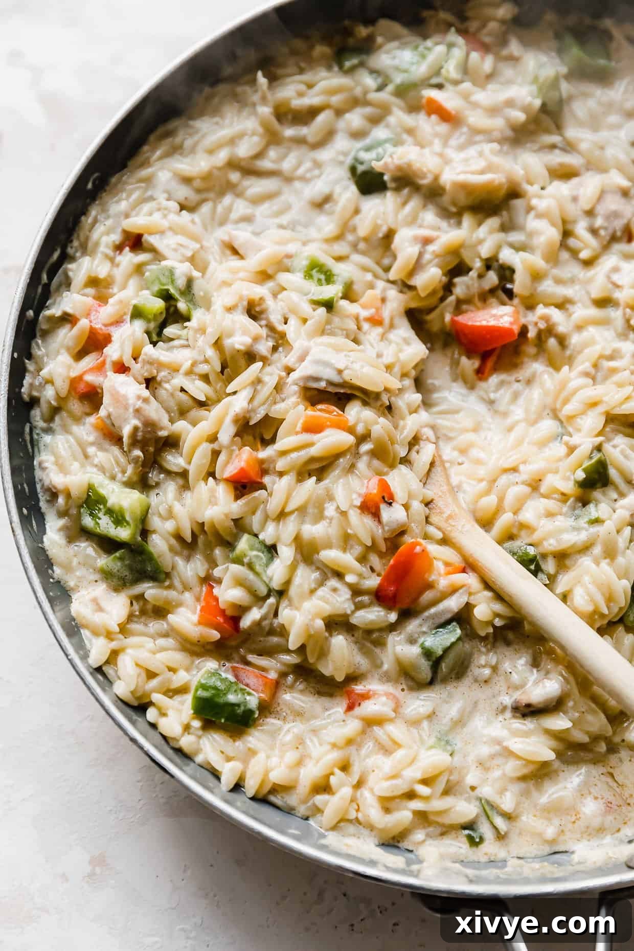Cajun-Spiced Chicken Orzo 2 Cajun Chicken Orzo in a skillet with a wooden spoon scooping into the noodles.