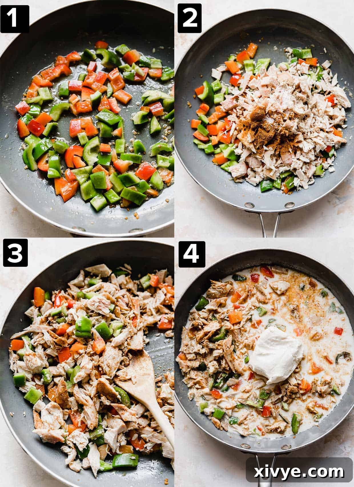 Cajun-Spiced Chicken Orzo 4 Four photos showing how to make Cajun Chicken Orzo, process includes cooking chopped red and green peppers, adding chicken and spices, stirring and adding cream cheese and milk.