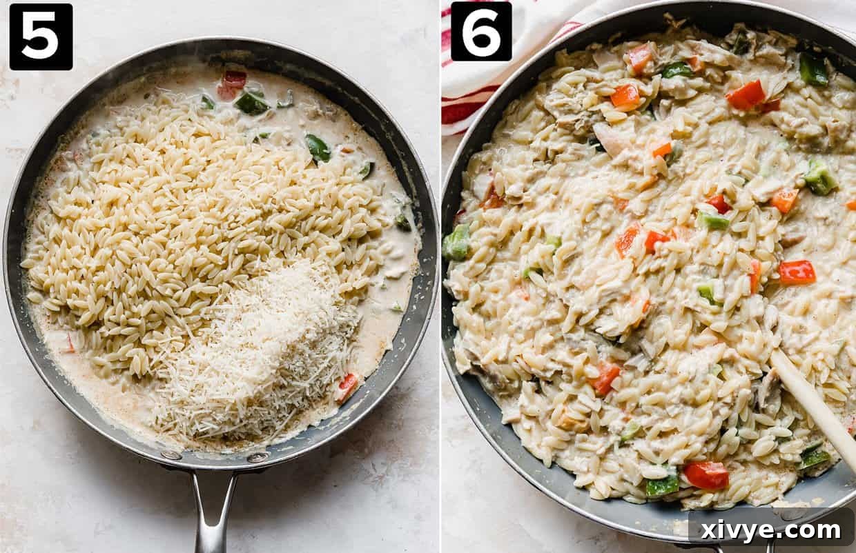 Cajun-Spiced Chicken Orzo 5 Two photos showing the making of a Cajun Chicken Orzo pasta made in a skillet.