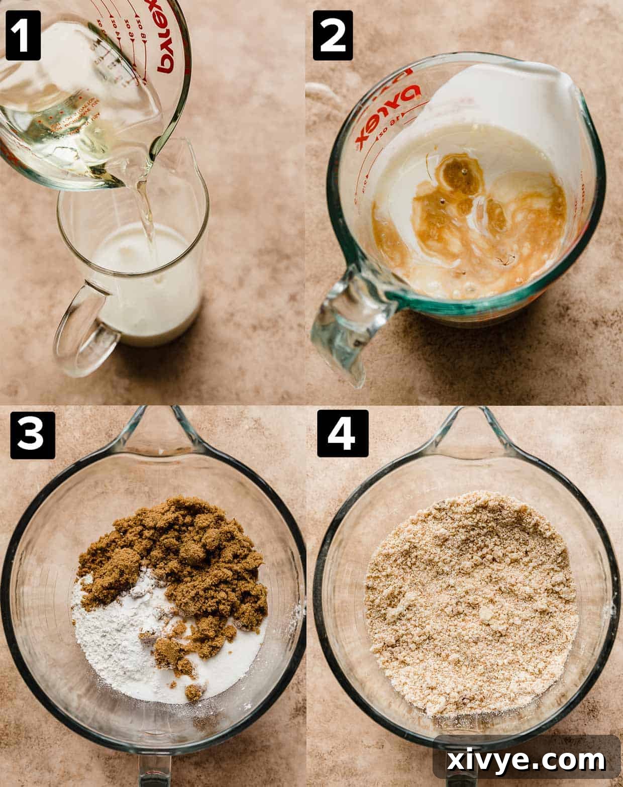 Toasted Butter Dream Cake 4 Four photos showing the making of Brown Butter Cake batter.