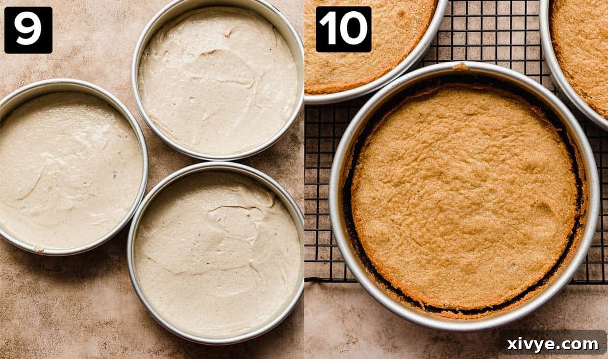 Toasted Butter Dream Cake 6 Two side by side photos: left has three round cake pans with Brown Butter Cake batter in it, right photo I sa baked Brown Butter Cake in a round cake pan.