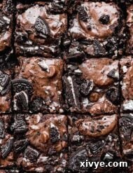 Overhead photo of Oreo Brownie Cookies cut into small squares.