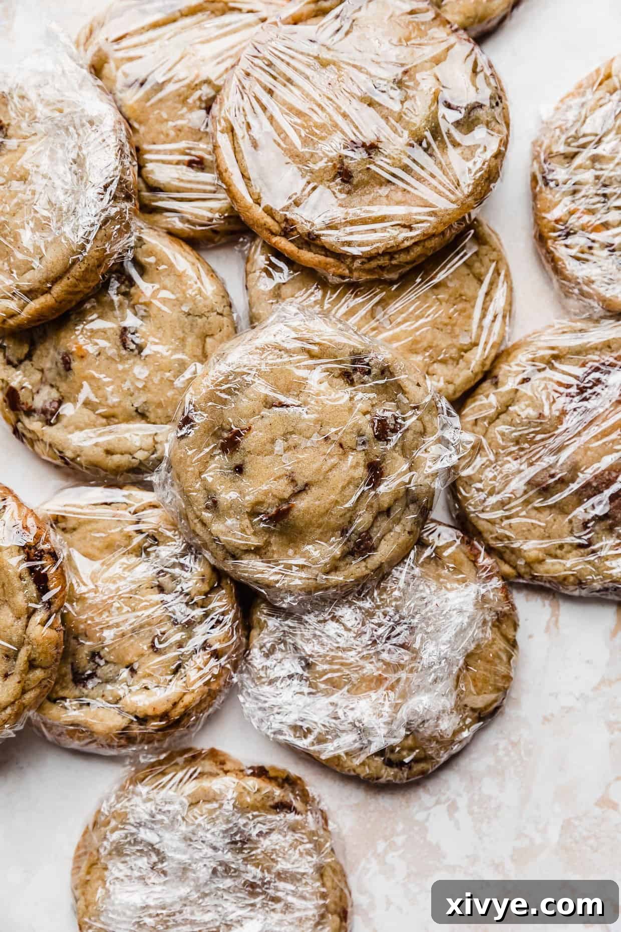 Baked chocolate chip cookies individually wrapped in plastic wrap, showcasing the proper way on how to freeze baked cookies.