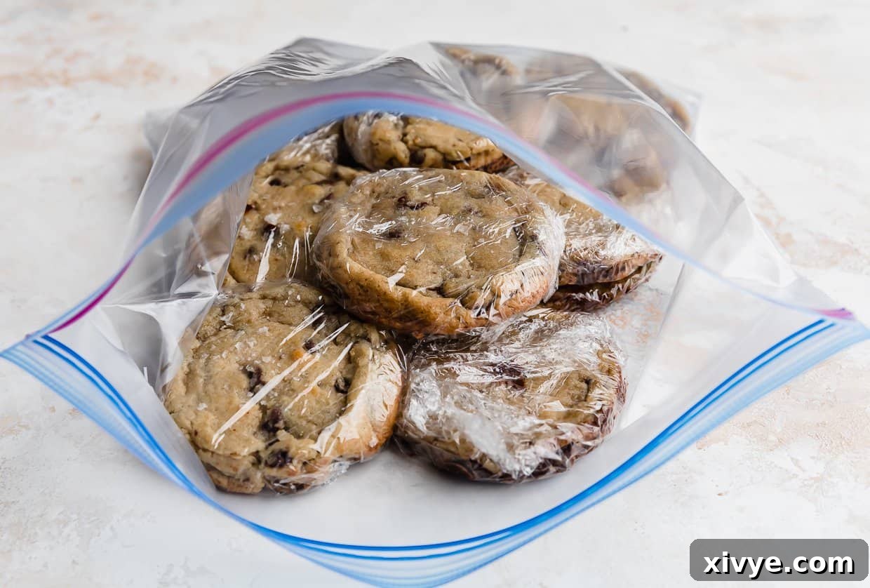 A ziplock bag with chocolate chip cookies individually wrapped in plastic wrap.