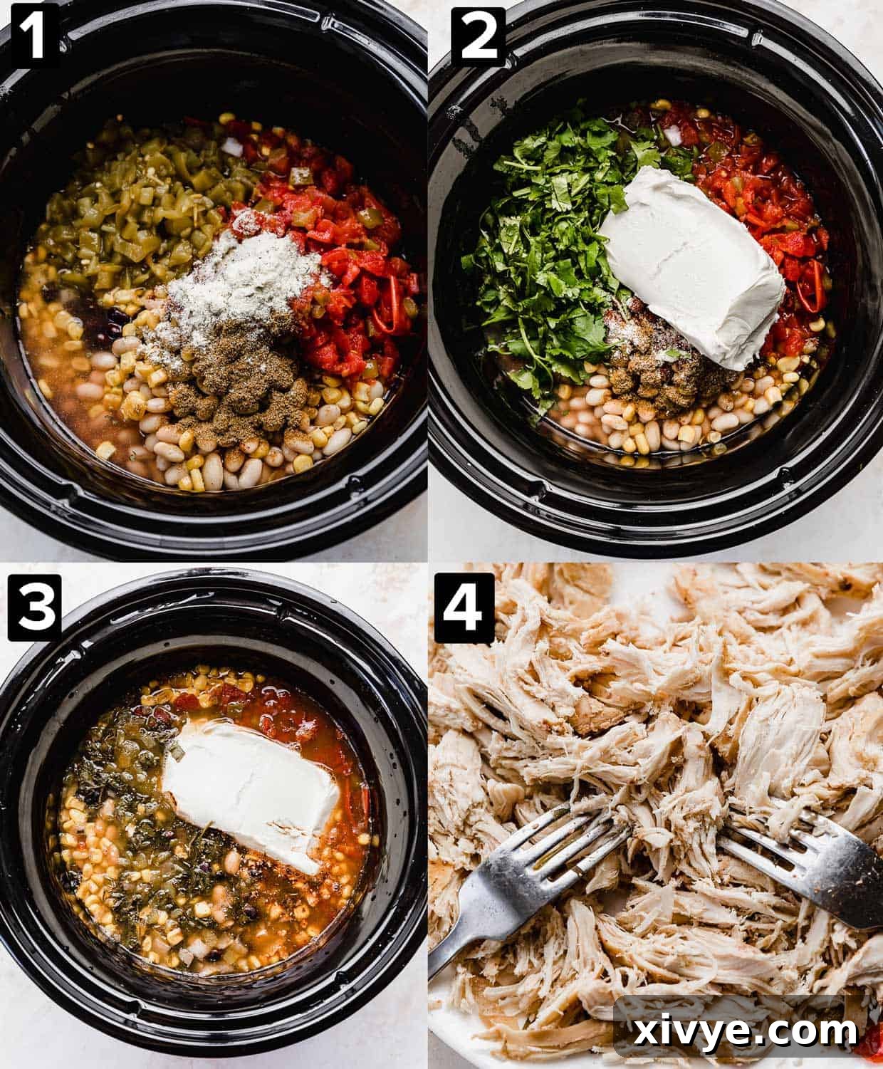 Four images showing a black slow cooker with Crock Pot Cream Cheese Chicken Chili ingredients inside, the bottom right photo is two forks shredding chicken on a cutting board.