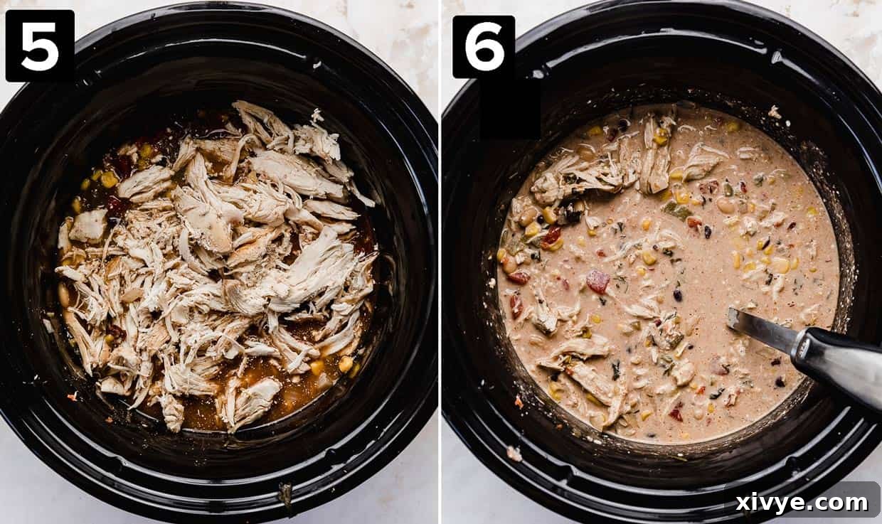 Two photos side by side: left is shredded chicken in a black crock pot ready to be mixed, right photo is the finished cream cheese chicken chili in the black crock pot.