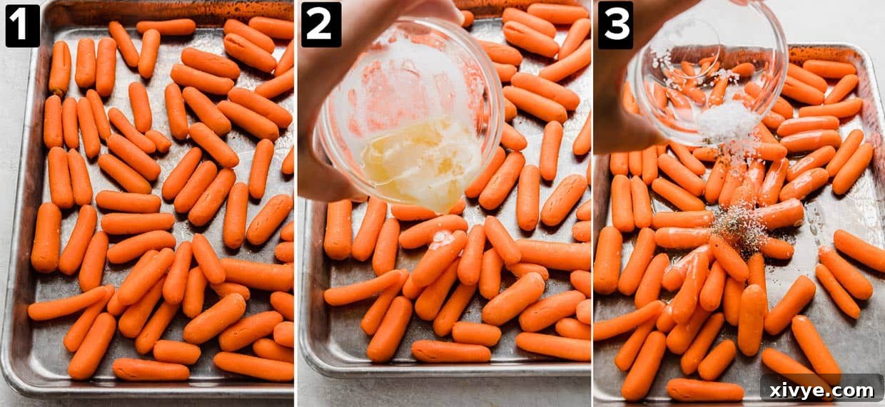 Three images showing the making of Roasted Baby Carrots on a baking sheet: baby carrots, butter poured overtop, and salt and pepper sprinkled overtop. 