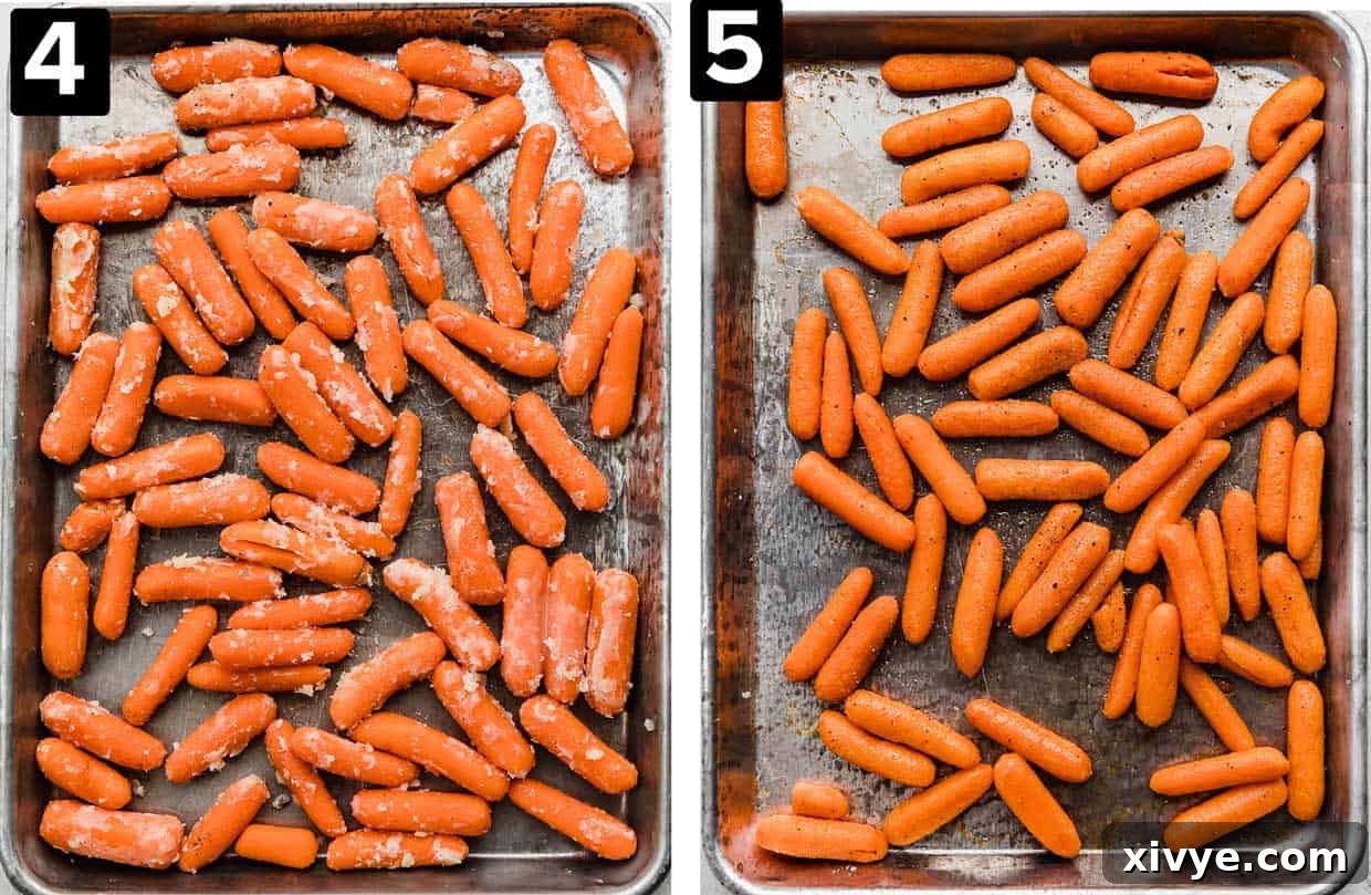 Two images, left image has butter coated baby carrots on a baking sheet, right image shows Roasted Baby Carrots on a baking sheet.
