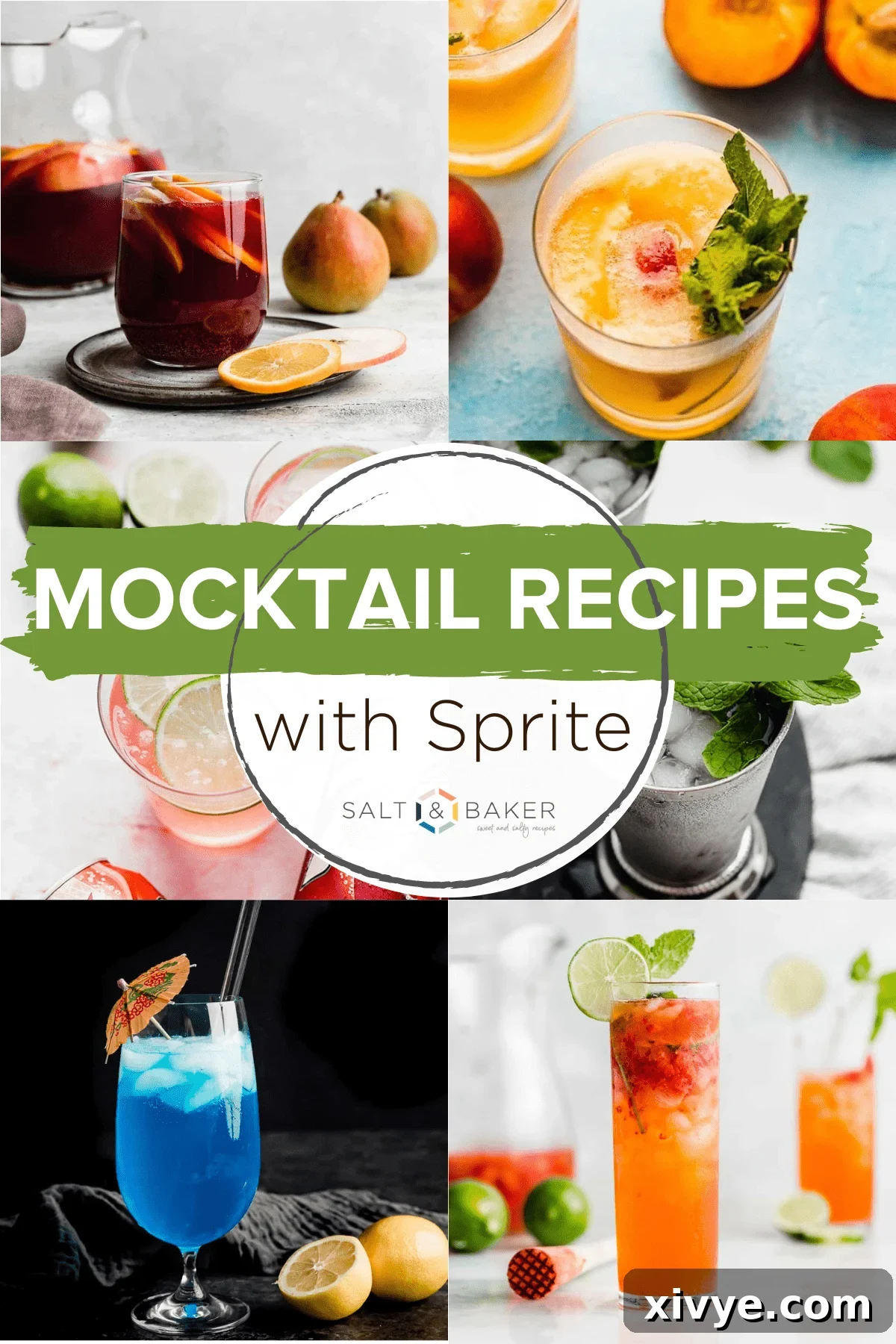 A collage of images featuring mocktail recipes that use Sprite. There's a peach mocktail, non-alcoholic Sangria, limeade slush mocktail and strawberry mocktail drinks pictured.