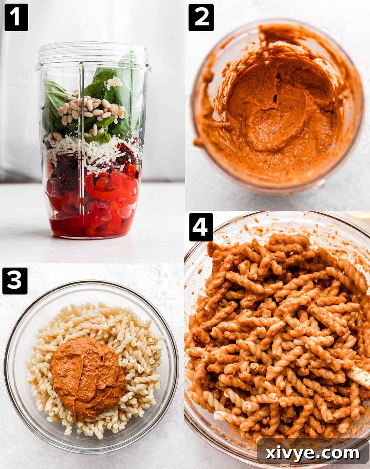 Four photos showing how to make Red Pesto Pasta: ingredients in a blender, red pesto pasta pureed, the red pesto pasta over noodles, and noodles mixed with the pesto.