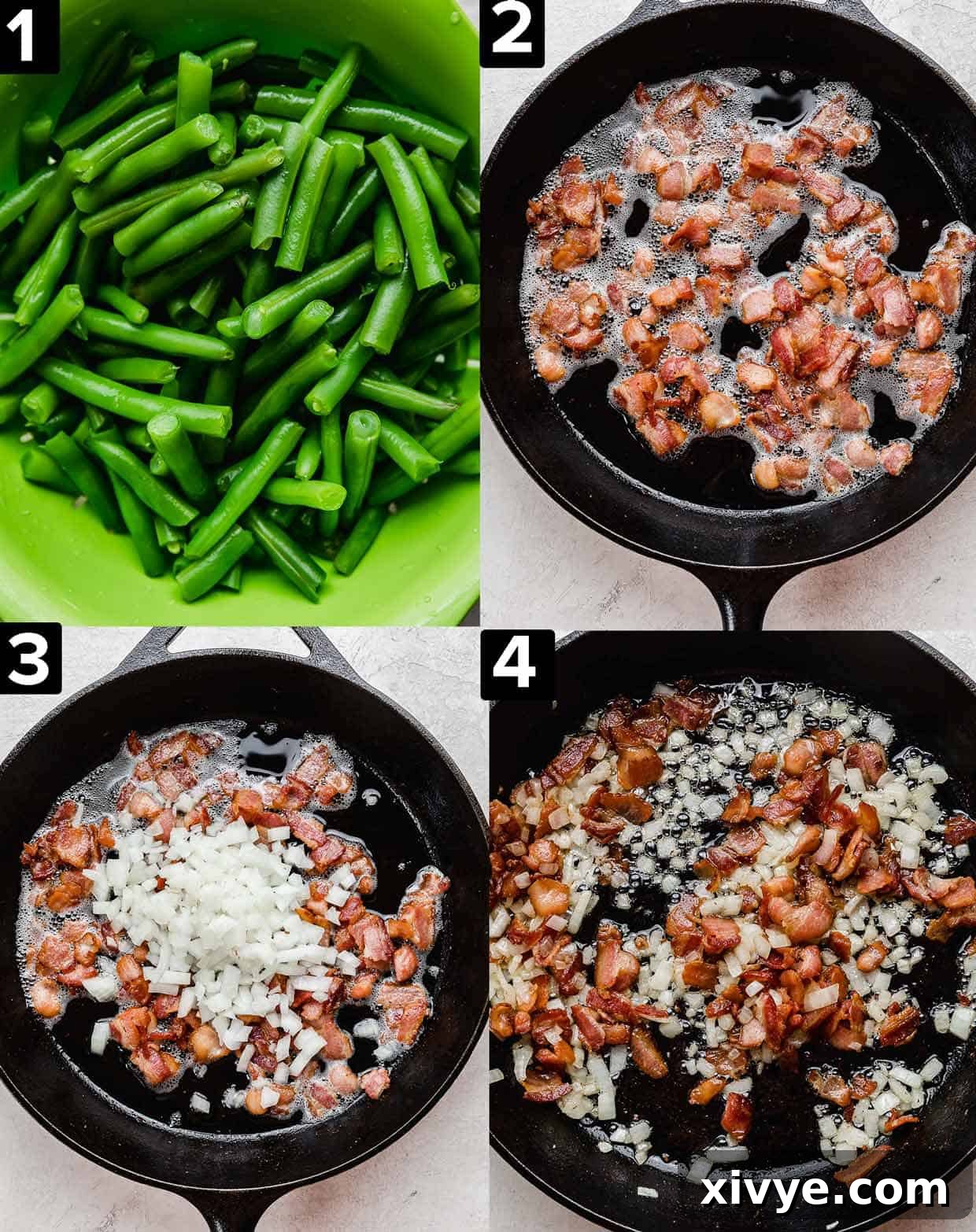 A four photo collage showing how to make Bacon Green Bean Casserole: from top left to bottom right, fresh green beans, bacon cooking black skillet, onion added to the cooked bacon, onion and bacon in skillet but cooked.