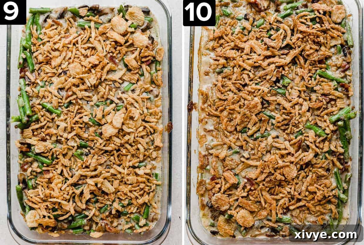 Green bean casserole with bacon without cream of mushroom soup, topped with French fried onions.