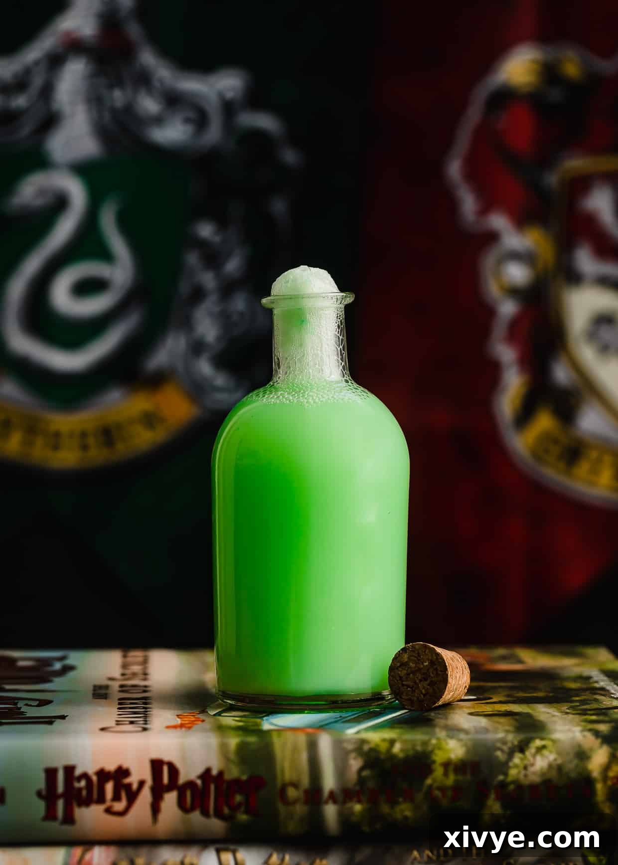 Identity Shifter Brew 2 A potion jar filled with green Polyjuice Potion with a Slytherin and Gryffindor house flag in the background, set in a dimly lit, magical ambiance.