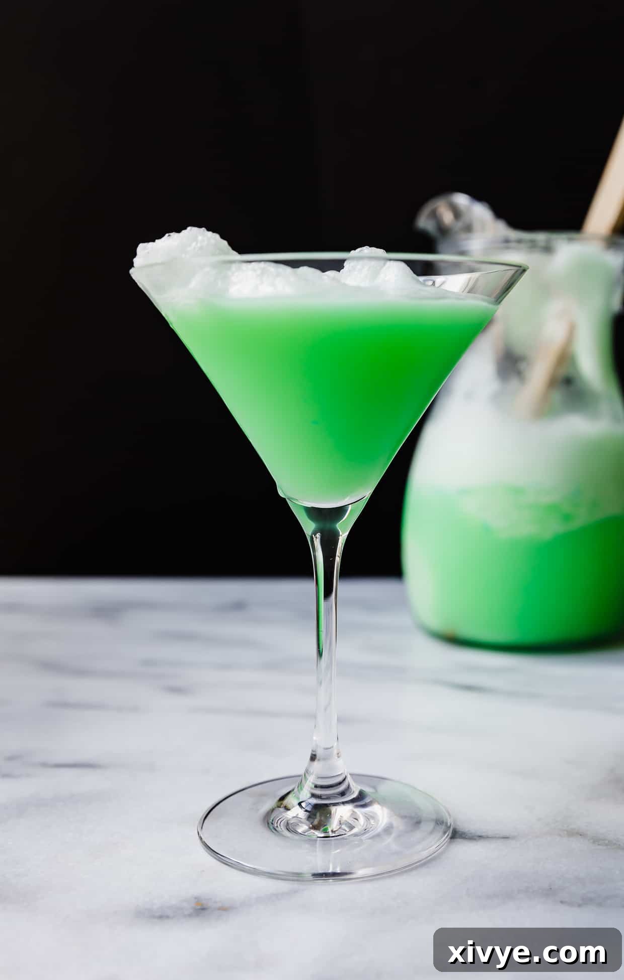 Identity Shifter Brew 7 Polyjuice Potion in a margarita glass against a black background, with an ominous and magical glow.