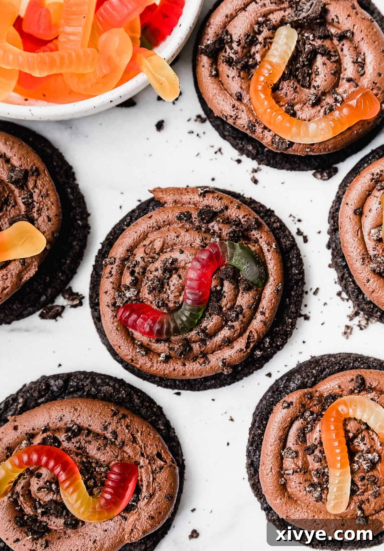 Overhead photo of Dirt Cake Cookies on a white background.