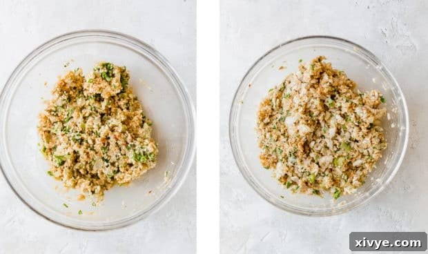 Crispy Tilapia Patties 4 A large mixing bowl containing flaked tilapia, Panko bread crumbs, fresh herbs, and the egg-mayo mixture, ready to be combined.