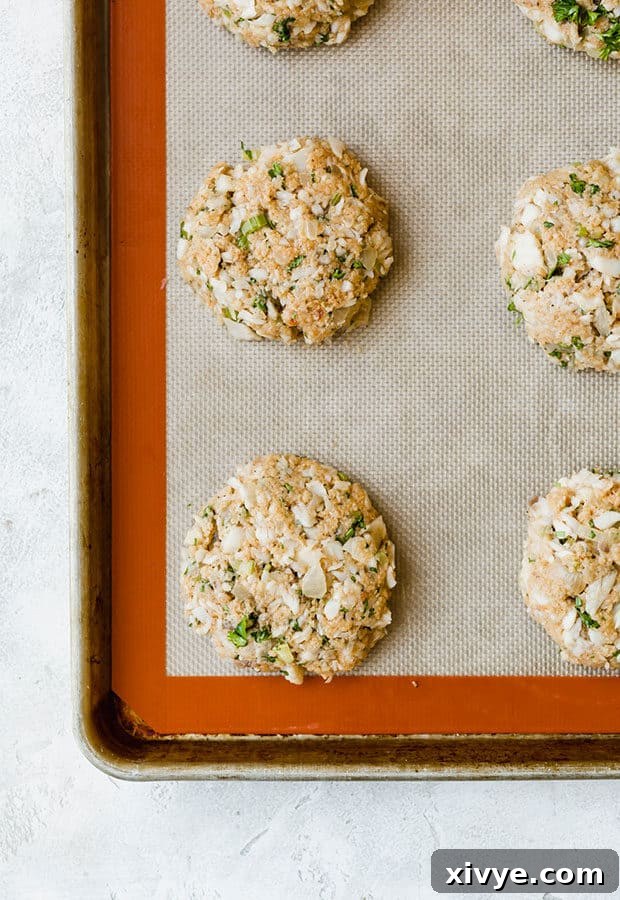 Crispy Tilapia Patties 5 Six tilapia cake patties arranged neatly on a baking sheet lined with parchment paper, prior to being chilled.