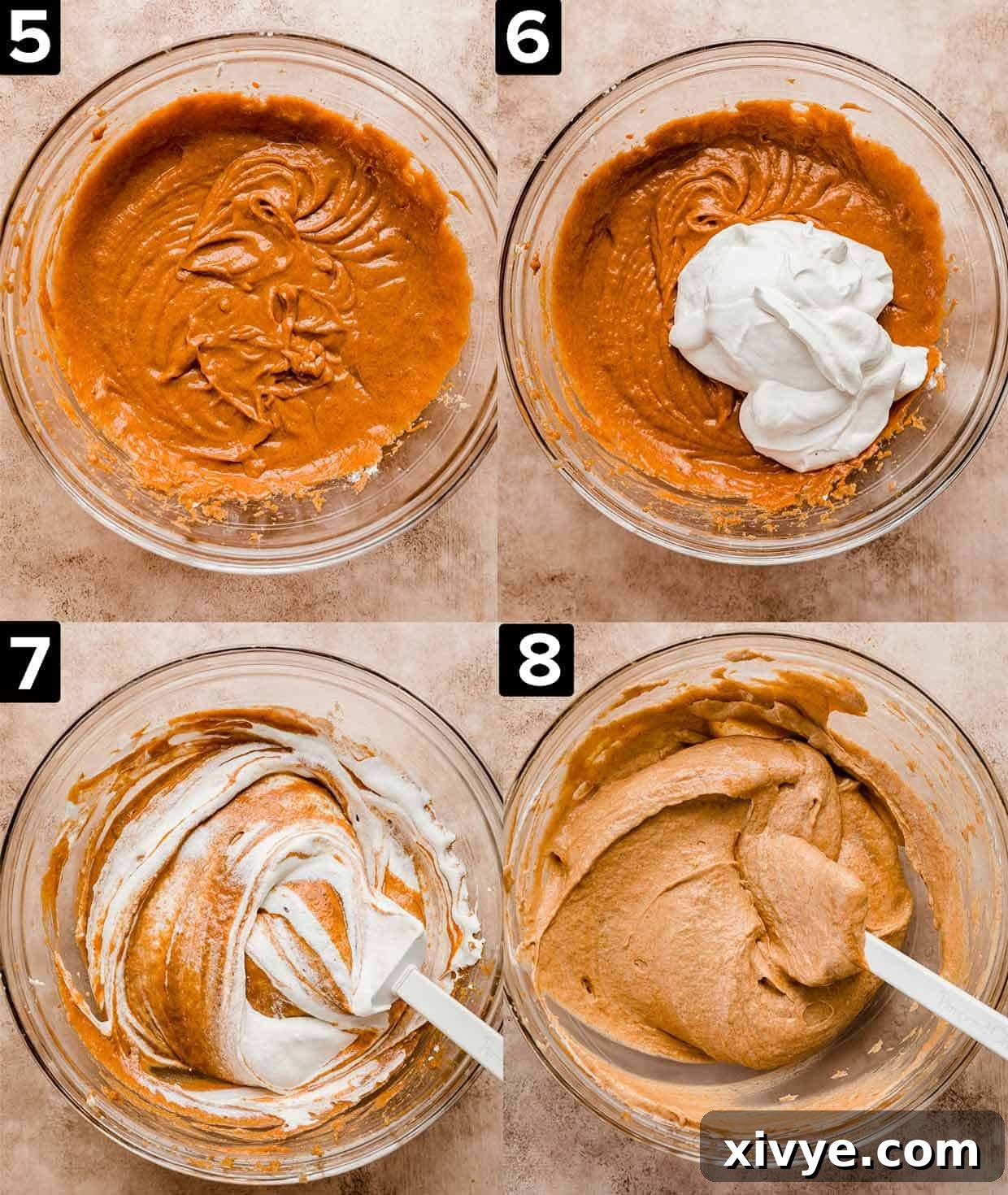 Four images demonstrating the preparation of Biscoff Pumpkin Pie filling in a glass bowl, set against a warm, light brown background.