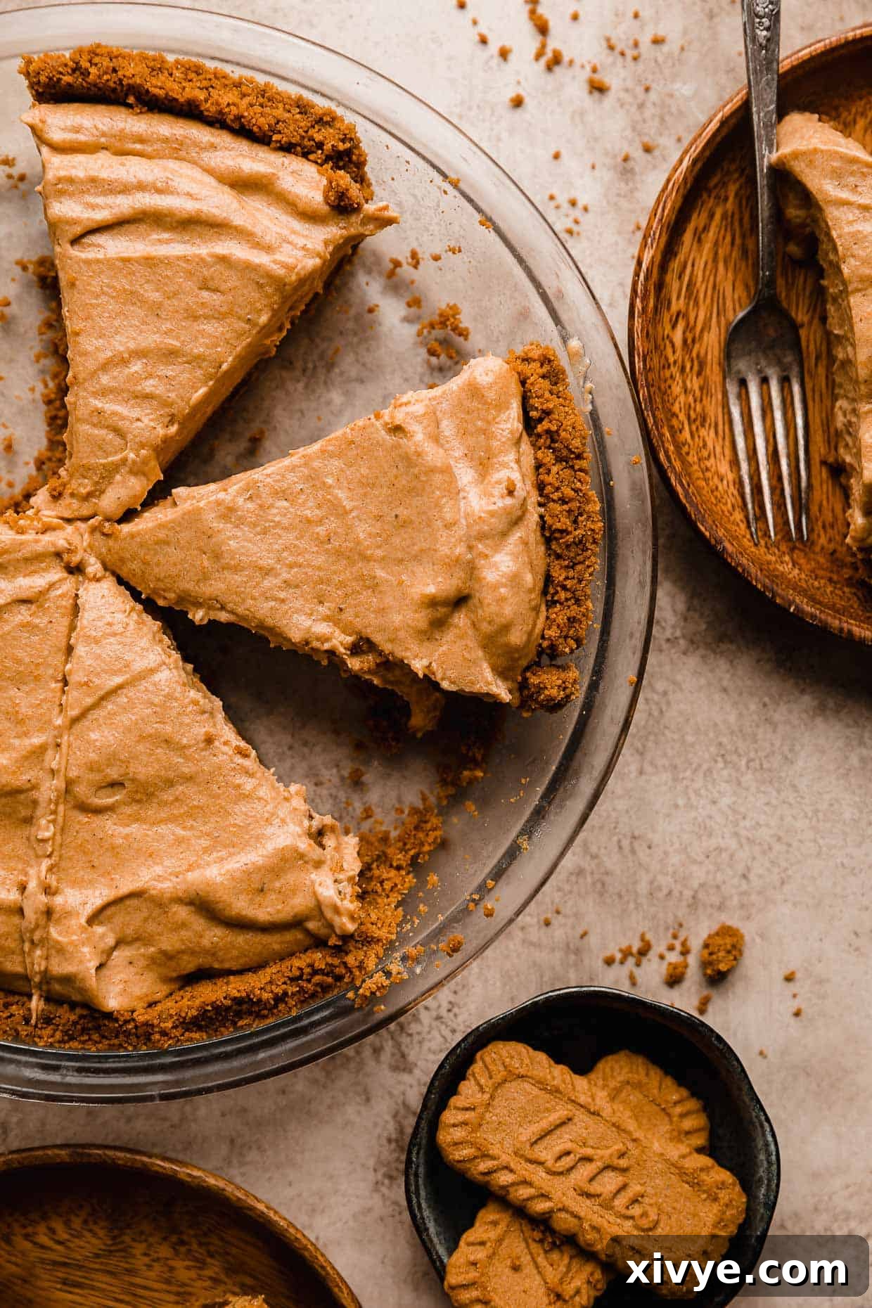 A whole Biscoff Pumpkin Pie in a pie pan, neatly cut into triangular slices, ready to be served.