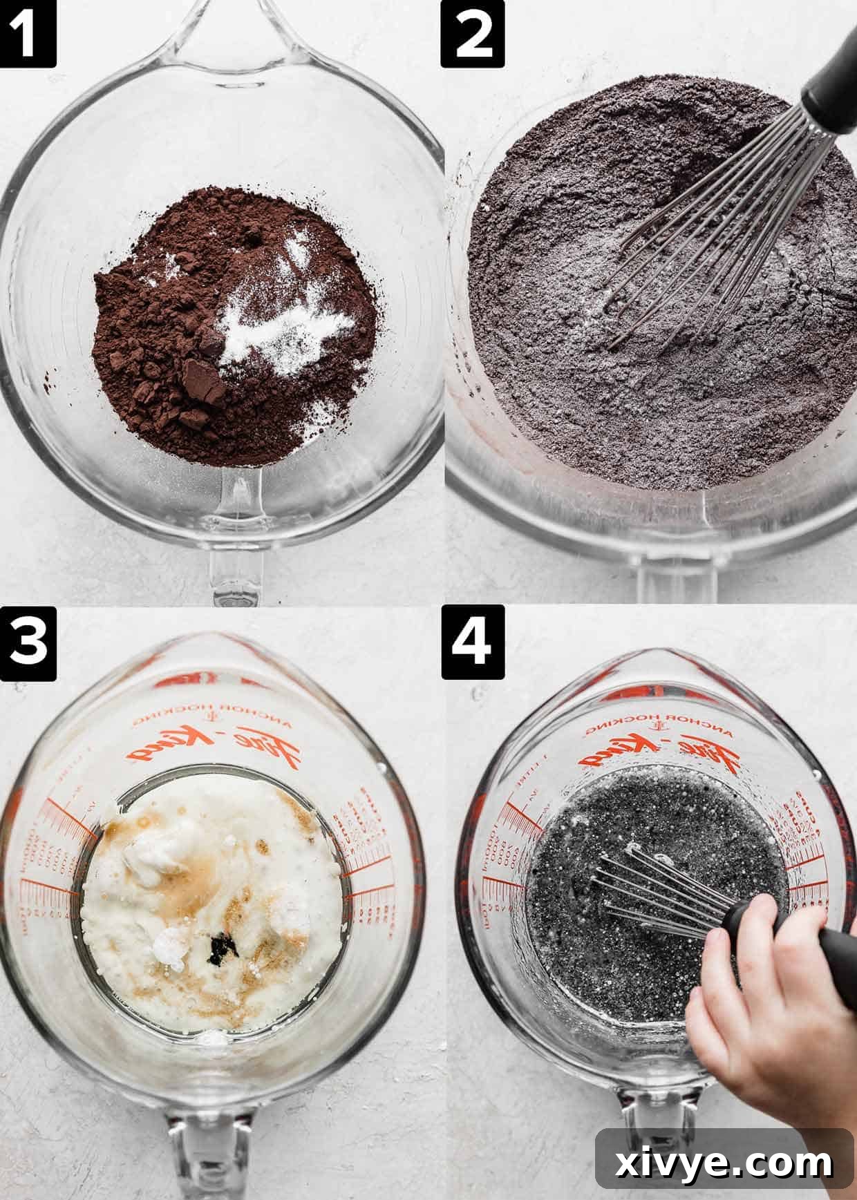 Four images showing how to make a black cocoa powder based cupcake for decorating as Ghost Cupcakes. From top left to bottom right: dry ingredients, wet ingredients, combined batter, unbaked batter in cupcake liners.