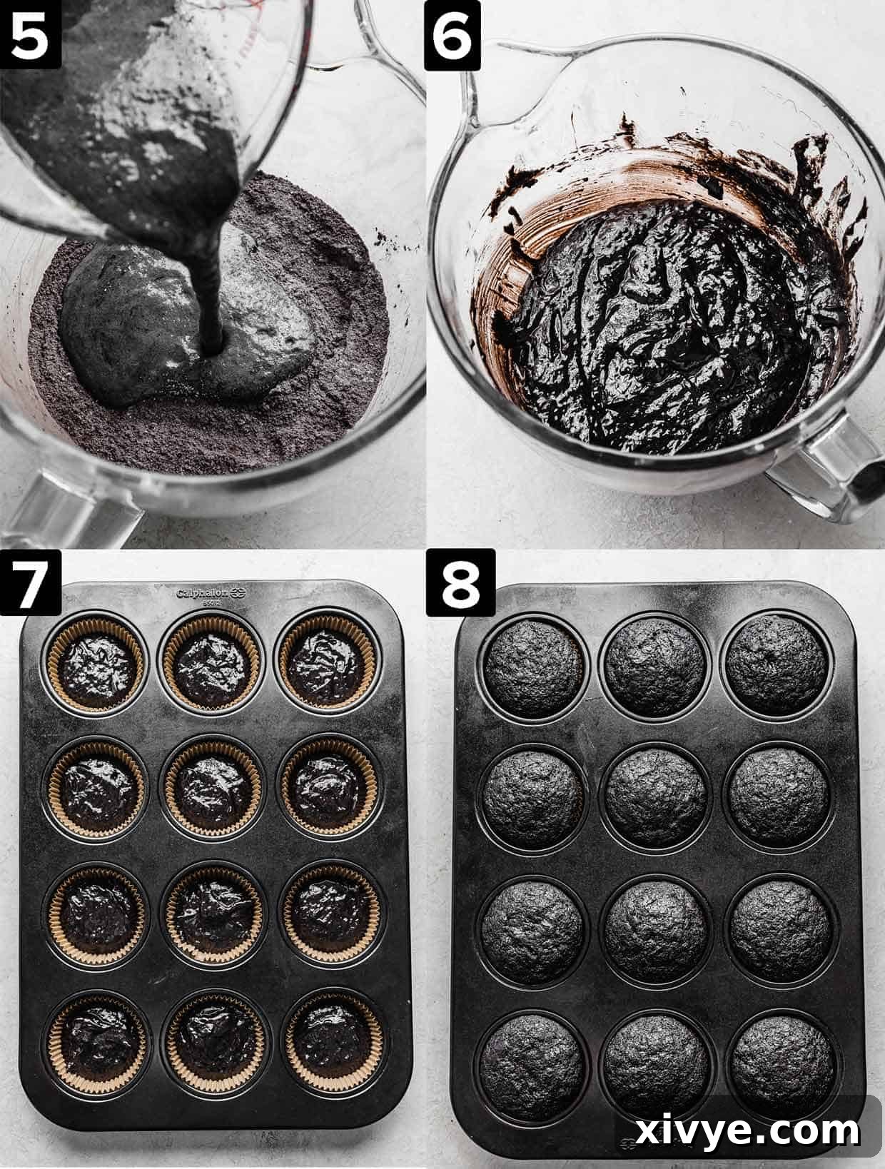 Four images top left to bottom right: black cocoa cupcake batter in a glass bowl, black cupcake batter in glass bowl, cupcake tin with cupcake batter in each compartment, baked black velvet cupcakes in muffin tin.