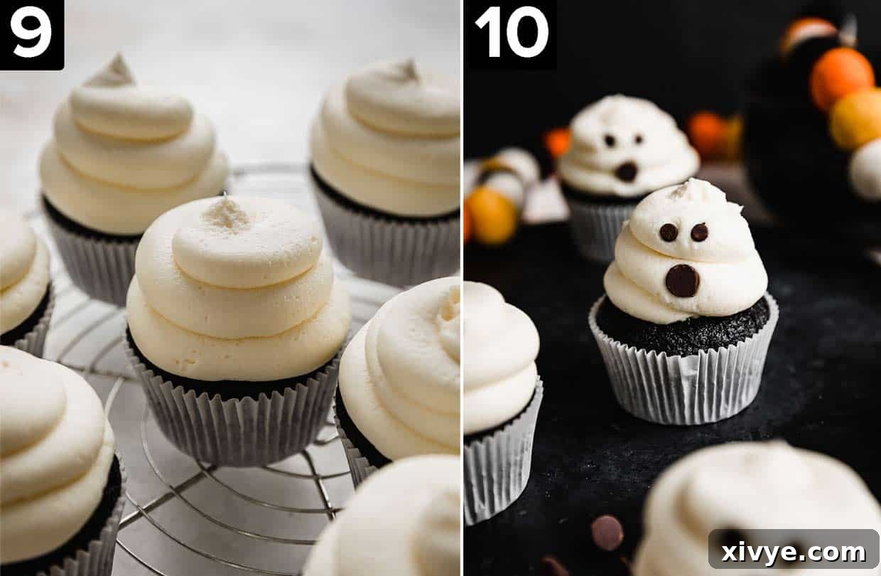 Two images: left photo has white frosting topped cupcakes, right photo is of Ghost Cupcakes against a black background.