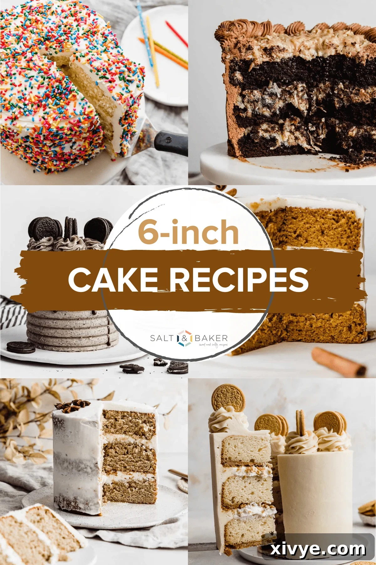 A vibrant collection of delicious 6-inch layer cakes, showcasing various flavors and decorations like Coconut Cookies and Cream Cake, classic German Chocolate Cake, a seasonal Pumpkin Cake, and more.