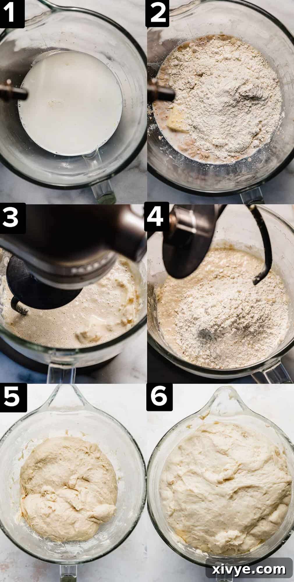 Six photos showing how to make Lion House Rolls dough in a glass stand mixer bowl.