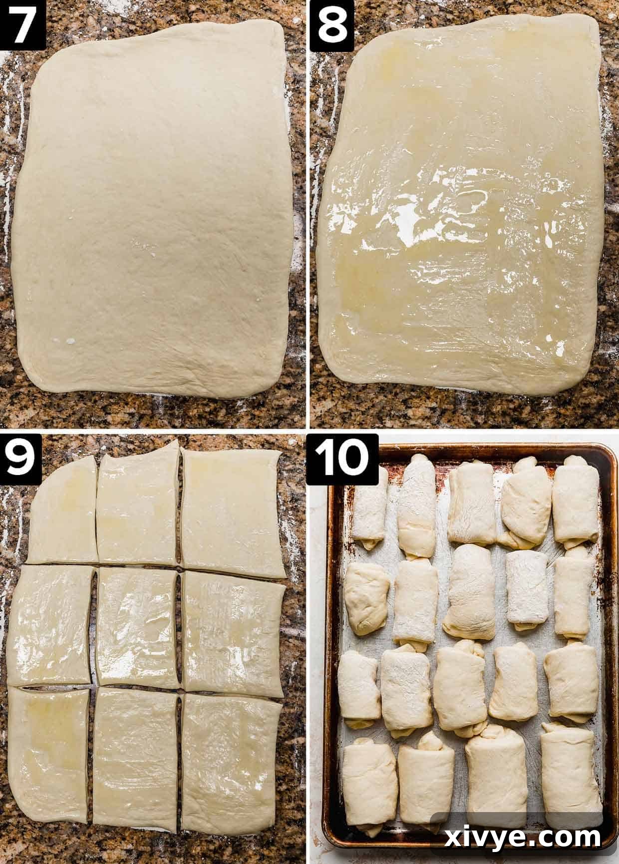 Four photos showing Lion House Roll dough rolled out into a rectangle and then cut into smaller rectangles.