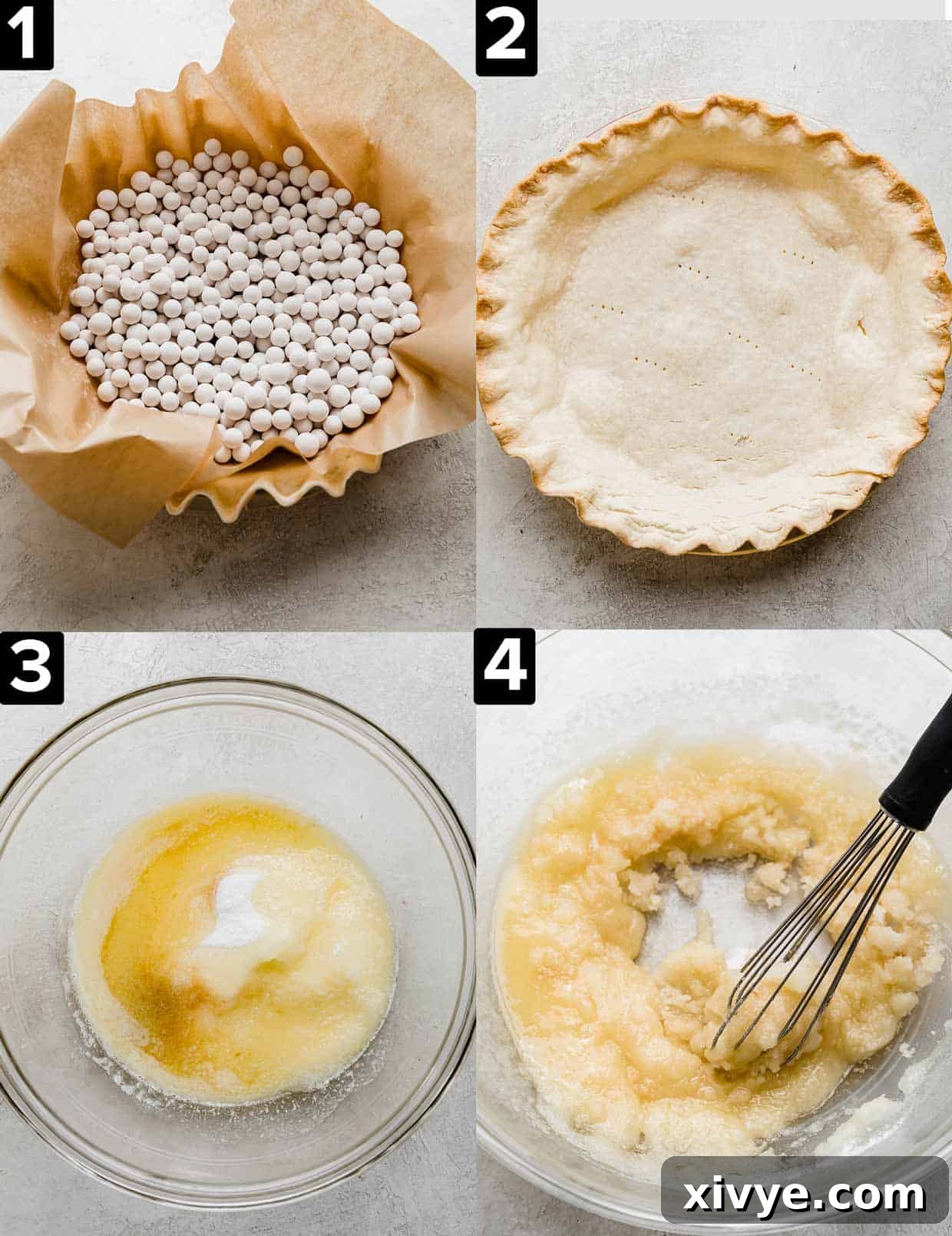 Four images showing the making of a fudgy brownie pie, top two photos are of a butter pie crust in a pie tin, and two bottom pictures are yellow sugar mixture in a glass bowl.