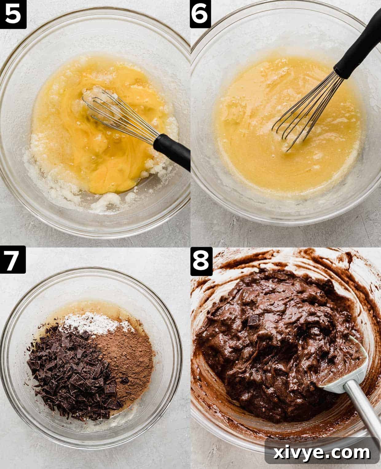 Four images showing how to make brownie pie batter.