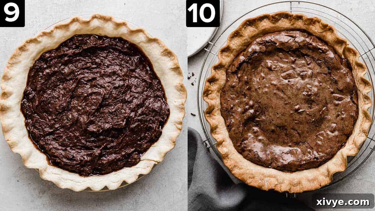 Two images: left image is brownie pie batter in a par baked butter pie crust, right photo is a baked brownie pie.