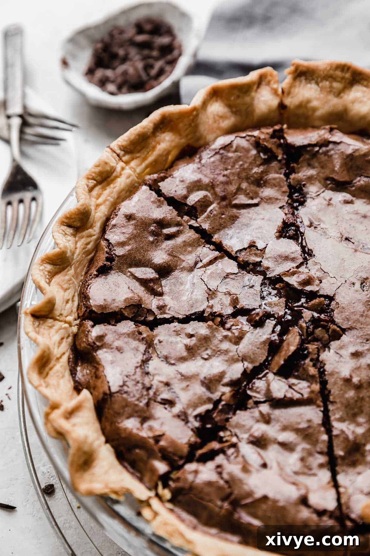 A Brownie Pie in a butter pie crust with several slices in the pie.