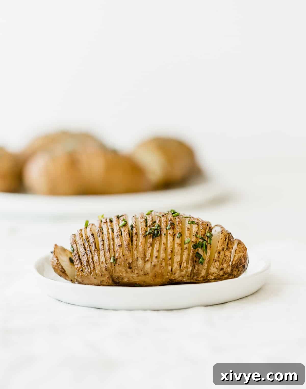 Crispy Air-Fried Hasselback Potatoes 6 A Hasselback Potatoe on a white plate against a white background.