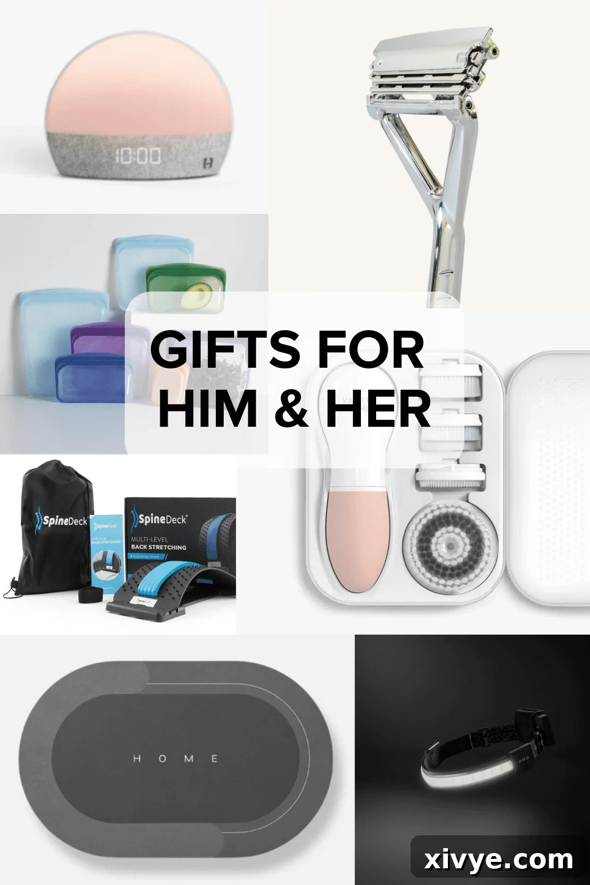A collage of images featuring gifts for him and her! Includes things like shower mats, Lightbar headlamp, razor and beauty products.
