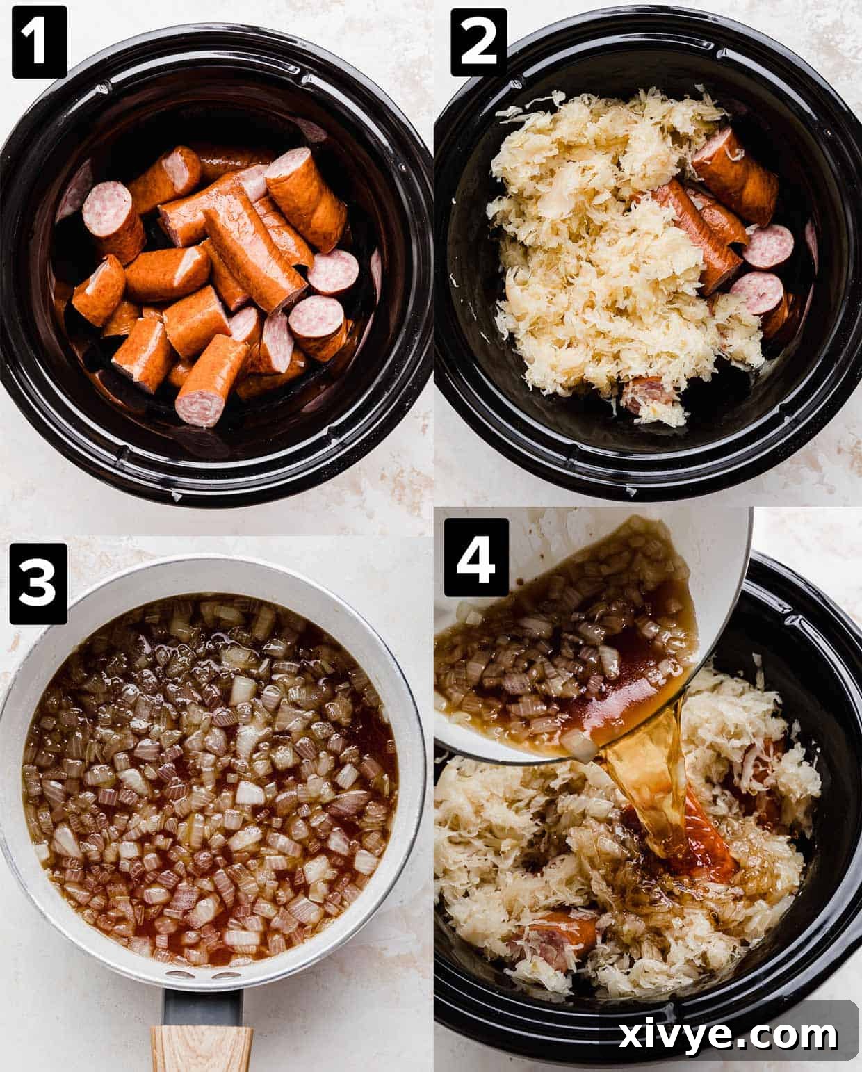 Four images showing the progressive stages of making Crock Pot Kielbasa and Sauerkraut in a black slow cooker.
