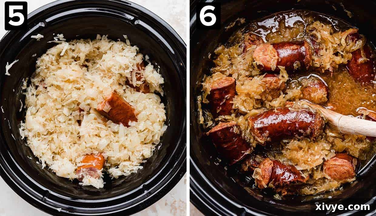 Two images: left image is Crock Pot Kielbasa and Sauerkraut in a crock pot prior to cooking, right image shows the cooked crock pot kielbasa in the slow cooker, ready to be served.