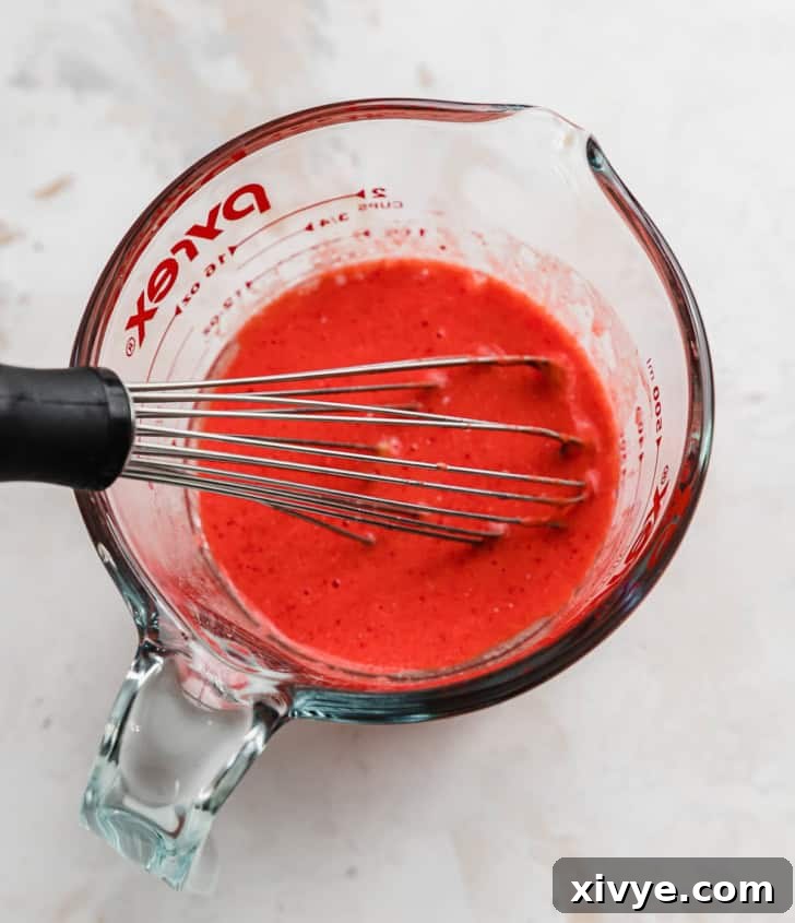 A glass measuring cup on a white surface, filled with a bright red liquid mixture used for making Valentines red velvet cupcakes.