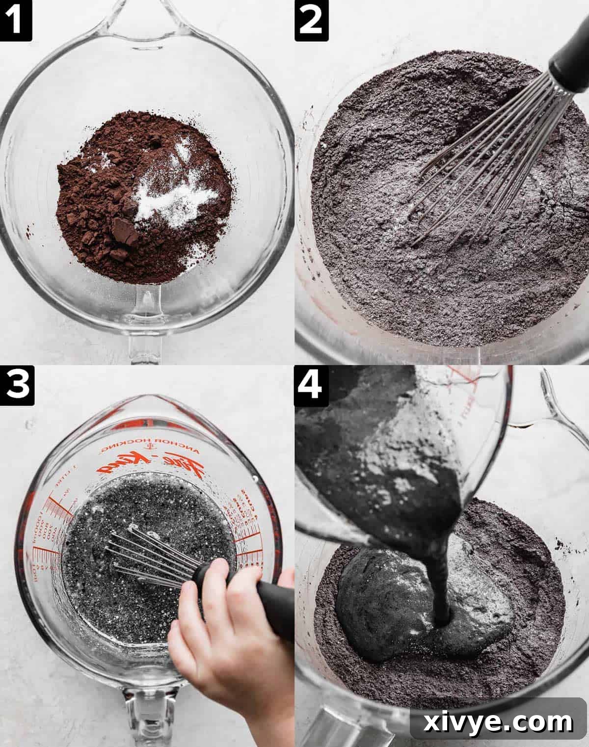 A series of four sequential images demonstrating the preparation of Oreo Cupcake batter in a clear glass mixing bowl, set against a white backdrop.