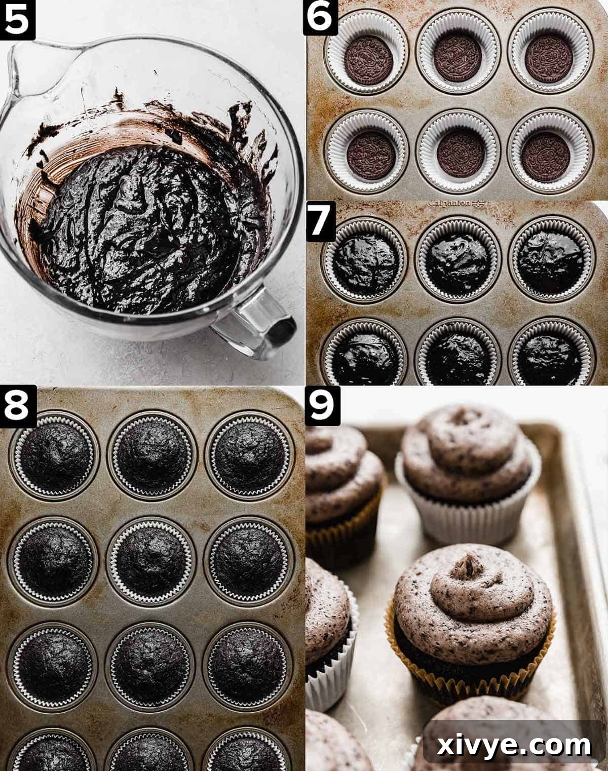 A visual progression of baking: four small images showing Oreo cupcake batter, followed by baked cupcakes in a pan, and finally, frosted Oreo cupcakes, presented on a white surface.