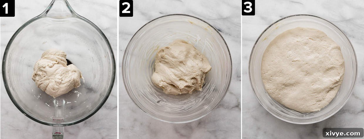 Three images showing how to make Kouign-Amann dough, left image is dough in a glass mixing bowl, middle photo is dough in a buttered bowl, and right photo is Kouign-Amann doubled in size.