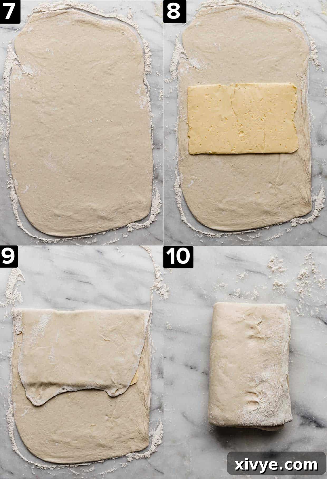 Four images showing how to make Kouign-Amann by doing laminated butter and dough turns.